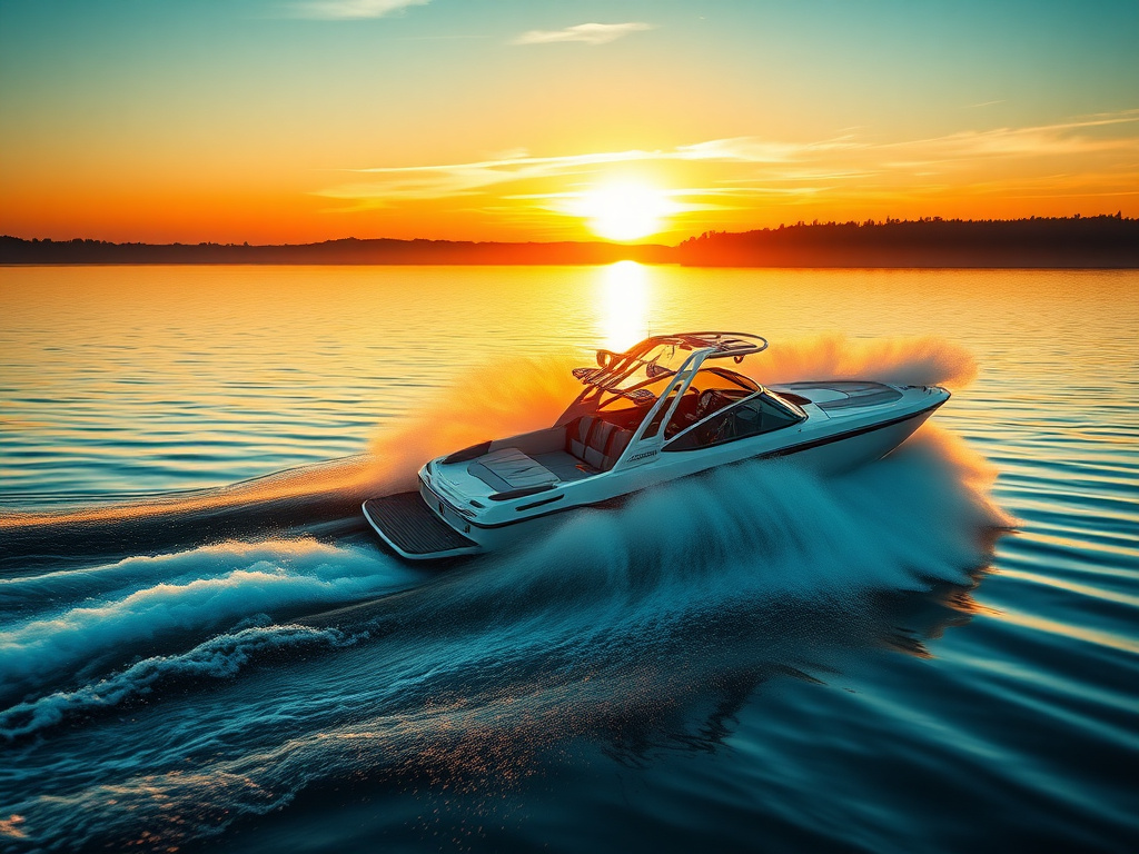 Wake boat throwing a big wake on a lake at golden hour
